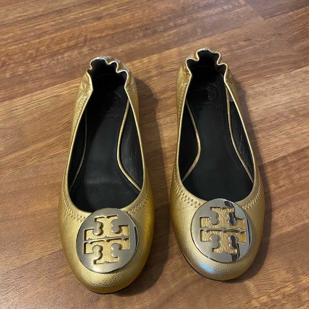 Tory Burch Gold Flats with Logo Emblem